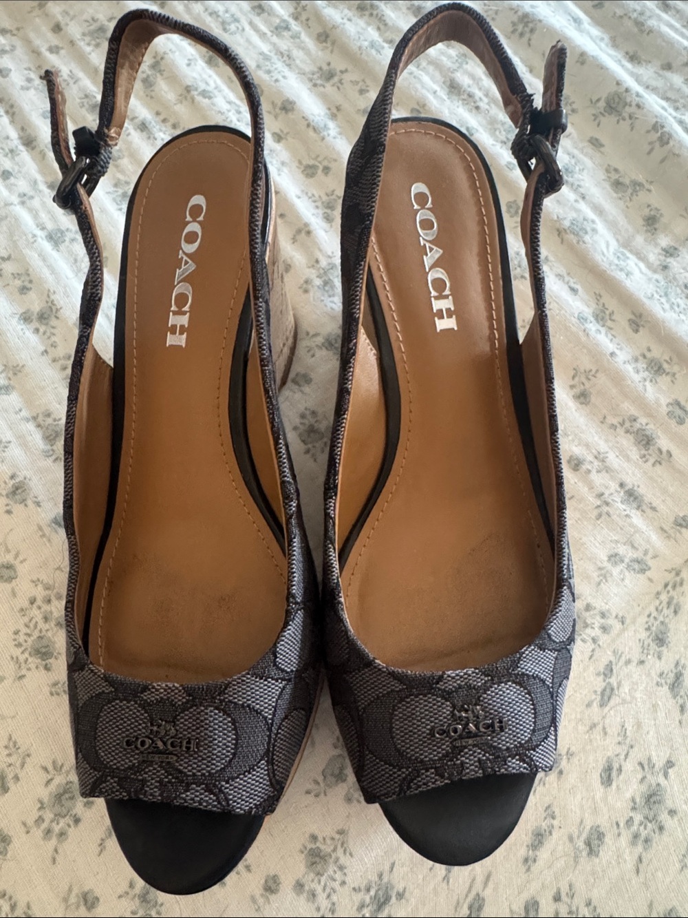 Coach black and brown Signature Canvas Slingback Peep-Toe Wedges